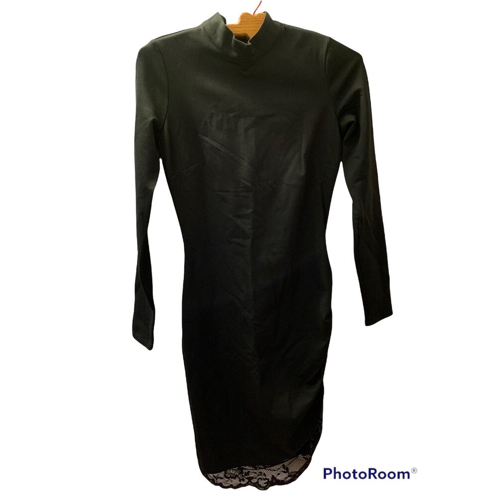 Bebe Black Mock Neck Long Sleeve Lace Back Dress SIZE S